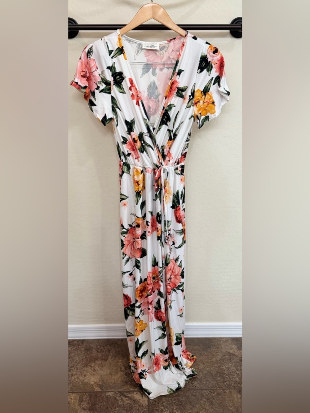 Minette White Pink V-Neck Short Sleeve Floral Wrap Maxi Dress Boho size Large